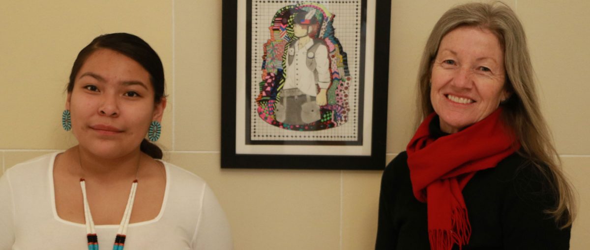 Navajo artist and Whitehorse student Leyonah Endischee with art teacher Georgiana Simpson.